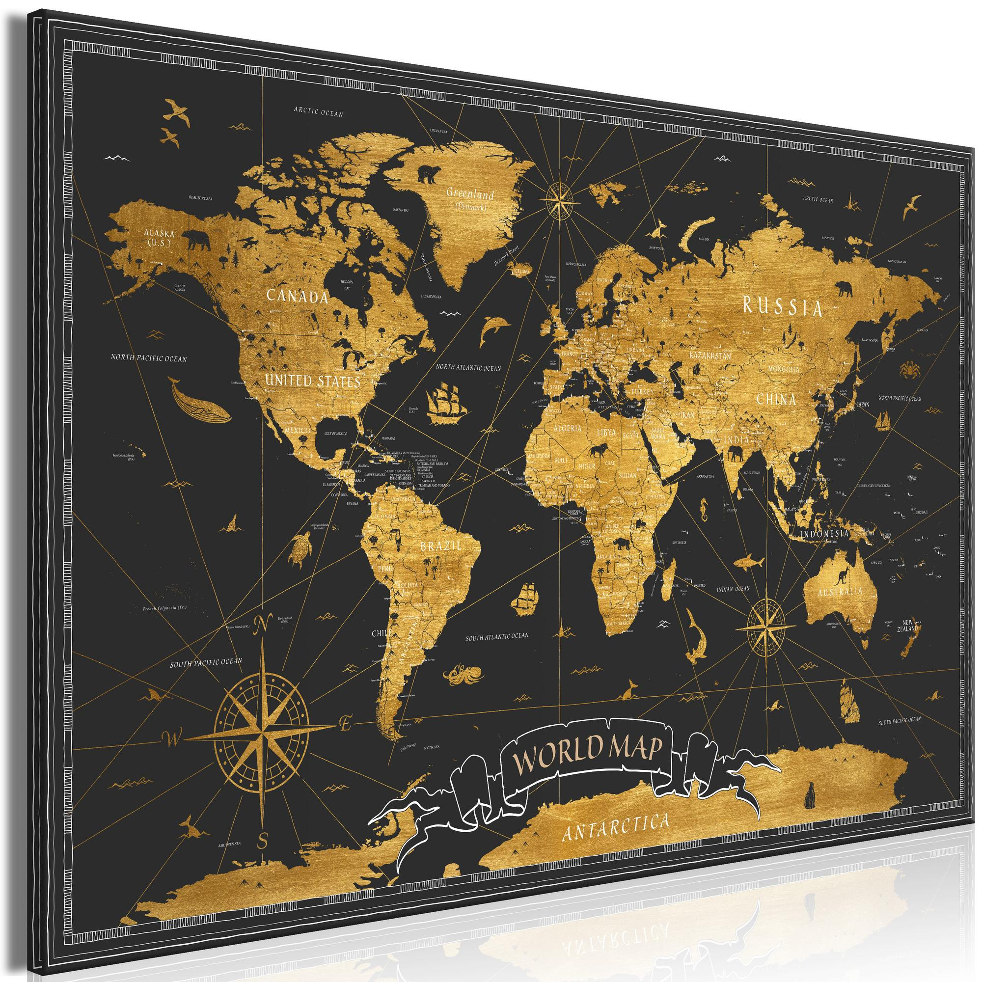 Quadro con cornice, Mappa del mondo su marmo - 45x30