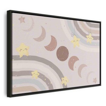 Quadro - Joyful Sky - Yellow Cheerful Stars with a Rainbow Against the Phases of the Moon in a Light Beige Sky Hue